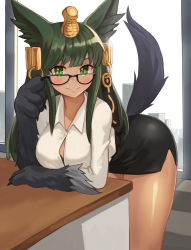 Rule 34 | 1girl, absurdres, alternate costume, animal ears, animal hands, anubis (monster girl encyclopedia), bent over, bespectacled, black-framed eyewear, black bra, black skirt, blush, bra, bra peek, breasts, button gap, closed mouth, collared shirt, commentary, commission, dark green hair, day, desk, egyptian, english commentary, glasses, gold trim, green hair, green neckwear, hair ornament, headdress, highres, indoors, jackal ears, jackal tail, large breasts, long hair, long sleeves, looking at viewer, miniskirt, monster girl, monster girl encyclopedia, office lady, pencil skirt, popped button, shirt, skirt, smile, snake hair ornament, solo, sookmo, standing, tail, underwear, white shirt, window, wing collar, wolf ears, wolf tail