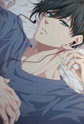 Rule 34 | 1boy, absurdres, aqua eyes, blue lock, blue shirt, commentary request, earphones, fingernails, green hair, highres, itoshi rin, looking at viewer, lying, male focus, may (illust man 2020), parted lips, shirt, short hair, solo