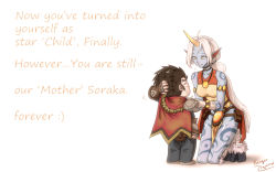Rule 34 | 1boy, 1girl, blue skin, colored skin, english text, engrish text, highres, hooves, horns, league of legends, long hair, graves (league of legends), pointy ears, ranger squirrel, ranguage, single horn, soraka (league of legends), aged down