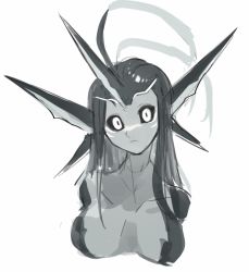 Rule 34 | 1girl, ahoge, black sclera, breasts, closed mouth, colored sclera, colored skin, fins, grey hair, grey skin, head fins, highres, horns, large breasts, long hair, looking at viewer, monster girl, original, ruteko (ruko220), simple background, single horn, smile, solo, upper body, white background, white eyes