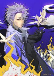 Rule 34 | 1boy, bird, black gloves, black sweater, cigarette, dove, earrings, gloves, hand up, highres, holding, holding cigarette, jacket, jewelry, lips, long sleeves, male focus, open clothes, open jacket, purple hair, red eyes, saibou shinkyoku, short hair, solo, sweater, theodore riddle, turtleneck, turtleneck sweater, upper body, white jacket, yangyouwuyou