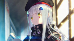 Rule 34 | 1girl, bad id, bad pixiv id, beret, black hat, black jacket, blunt bangs, blurry, blurry background, commentary request, day, depth of field, facial mark, girls&#039; frontline, hair ornament, hat, high collar, hk416 (girls&#039; frontline), indoors, jacket, kaina (tsubasakuronikuru), long hair, looking away, parted lips, silver hair, solo, sunlight, v-shaped eyebrows, window, yellow eyes