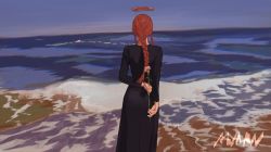 Rule 34 | 1girl, beach, black dress, braid, braided ponytail, chainsaw man, dress, from behind, halo, long dress, long hair, long sleeves, makima (chainsaw man), nxyng, ocean, outdoors, red hair, red halo, single braid, solo, standing