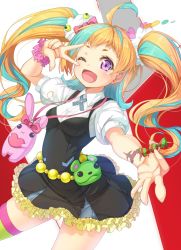 Rule 34 | 10s, 1girl, ;d, ahoge, bad id, bad pixiv id, bow, breasts, candy, collared shirt, dress, food, frilled dress, frills, hair bow, kiznaiver, long hair, matokechi, multicolored hair, niiyama nico, one eye closed, open mouth, orange hair, purple eyes, scrunchie, shirt, small breasts, smile, solo, streaked hair, stuffed animal, stuffed rabbit, stuffed toy, thighs, twintails, v, v over eye