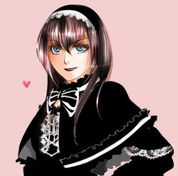 Rule 34 | 1boy, black bow, black dress, black hair, black lips, blankcheck, blue eyes, bow, closed mouth, crossdressing, dress, eyelashes, hairband, hand on own hip, heart, lace-trimmed hairband, lace trim, lips, lipstick, lolita hairband, long hair, looking at viewer, makeup, male focus, millipen (medium), moyashimon, pink background, simple background, solo, traditional media, trap, upper body, yuuki kei