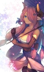 Rule 34 | 10s, 1girl, alternate costume, bare shoulders, bazooka oiran, black thighhighs, blue eyes, braid, breasts, collarbone, cowboy shot, draph, dress, elbow gloves, gloves, granblue fantasy, hair ornament, hair over one eye, hair over shoulder, highres, holding, holding umbrella, horns, large breasts, light purple hair, long hair, looking at viewer, narmaya (granblue fantasy), pointy ears, purple dress, single braid, solo, thighhighs, umbrella