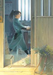 Rule 34 | 1boy, architecture, arm guards, bamboo screen, basket, black hair, book, book stack, bucket, day, drawing (object), drying, east asian architecture, from outside, from side, herb, highres, holding, japanese clothes, leaf, long hair, long sleeves, looking at viewer, looking to the side, male focus, mememe225, open door, pants, ponytail, rakudai ninja rantarou, shin guards, sidelocks, sliding doors, smile, solo, towel, walking, window, wooden bucket, wooden floor, zenpouji isaku