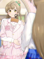 Rule 34 | 1girl, blue skirt, blush, bow, brown hair, clothes hanger, commentary request, corsage, flower, green bow, holding, holding clothes, long hair, long sleeves, looking at mirror, looking at viewer, love live!, love live! school idol project, minami kotori, mirror, one side up, otonokizaka school uniform, pink flower, pink shirt, pink skirt, school uniform, shibasaki shouji, shirt, skirt, smile, solo, striped clothes, striped shirt, striped skirt, white shirt, yellow eyes