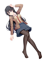 Rule 34 | 1girl, arm up, black hair, blazer, blue skirt, blush, breasts, brown jacket, brown pantyhose, chrisandita, collared shirt, commentary, commission, full body, hair between eyes, hair ornament, hairclip, highres, jacket, long hair, long sleeves, looking at viewer, medium breasts, necktie, no shoes, open clothes, open jacket, pantyhose, parted lips, pleated skirt, purple eyes, rabbit hair ornament, red necktie, sakurajima mai, seishun buta yarou, shirt, simple background, skirt, solo, sweater vest, twitter username, very long hair, white background, white shirt