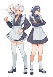 Rule 34 | 2boys, absurdres, alternate costume, apron, black dress, black footwear, black hair, blue eyes, clenched teeth, collared dress, contemporary, crossdressing, crossed arms, dress, enmaided, frilled apron, frills, frown, full body, hair between eyes, hair down, hand on own hip, hand up, heart, highres, holding, kimetsu no yaiba, legs apart, long hair, long sleeves, looking at viewer, maid, maid apron, maid headdress, male focus, mary janes, multiple boys, neck ribbon, partially unbuttoned, pectoral cleavage, pectorals, ribbon, scar, scar on face, scar on forehead, scar on nose, shinazugawa sanemi, shoes, short hair, socks, standing, teeth, thighhighs, tomioka giyuu, untied, waist apron, waitress, water777s3, white apron, white hair, white ribbon, white socks, white thighhighs, zettai ryouiki