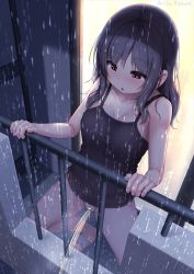 Rule 34 | 1girl, :o, arisu kazumi, balcony, black camisole, black hair, blush, bottomless, braid, brown eyes, camisole, casual peeing, censored, female focus, female pervert, happy peeing, heart, heart censor, long hair, looking down, messy hair, night, nose blush, open mouth, original, outdoors, peeing, pervert, public indecency, pussy, railing, rain, sidelocks, solo, standing, twin braids, wavy hair