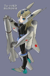Rule 34 | 1girl, aircraft, airplane, aqua eyes, blonde hair, blue eyes, bodysuit, bomber, character name, janome gochou, jet, mecha musume, military, military vehicle, missile, original, personification, revision, russia, simple background, solo, tu-22