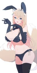 Rule 34 | 1girl, animal ears, azegome, black bra, black gloves, black panties, black thighhighs, blonde hair, blue eyes, bra, braid, breasts, cleavage, commission, double fox shadow puppet, elbow gloves, flower, fox ears, fox girl, fox shadow puppet, fox tail, gloves, hair bun, hair flower, hair ornament, highres, indie virtual youtuber, koromo naruru, large breasts, long hair, multicolored hair, open mouth, panties, rabbit ears, shadow, side-tie panties, skeb commission, solo, streaked hair, tail, thighhighs, underwear, virtual youtuber, white hair