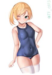 Rule 34 | 1girl, bare arms, bare shoulders, blonde hair, blue eyes, blue one-piece swimsuit, blush, breasts, collarbone, commentary request, covered navel, cropped legs, hand on own hip, highres, kantai collection, looking at viewer, maikaze (kancolle), one-piece swimsuit, one eye closed, ponytail, simple background, small breasts, smile, solo, swimsuit, tf cafe, thighhighs, twitter username, white background, white thighhighs