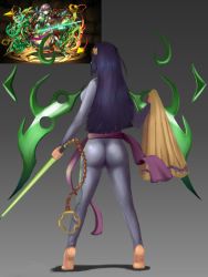Rule 34 | 1girl, acala (p&amp;d), ass, barefoot, blackknight23, feet, female focus, from behind, full body, hair ornament, legs, legs apart, long hair, purple hair, puzzle &amp; dragons, soles, solo, standing, sword, thighs, weapon
