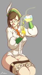 Rule 34 | 1girl, breasts, brown eyes, brown hair, clothes pull, covered erect nipples, cropped legs, female masturbation, glasses, guildmarm (monster hunter), hat, hat feather, highres, lip biting, lips, lube, masturbation, monster hunter, monster hunter (series), monster hunter 4, narrow waist, pussy, semi-rimless eyewear, shorts, shorts pull, simple background, solo, sven (svenners), swept bangs, thick thighs, thighs, under-rim eyewear