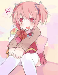 Rule 34 | 10s, 1girl, :d, bad id, bad pixiv id, blush, gift, heart, kaname madoka, mahou shoujo madoka magica, mahou shoujo madoka magica (anime), mizuki (koko lost), open mouth, pink eyes, pink hair, short twintails, sitting, skirt, smile, solo, thighhighs, twintails