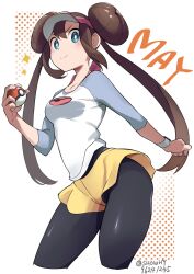 Rule 34 | 1girl, black pantyhose, blue eyes, blush, breasts, brown hair, creatures (company), double bun, game freak, hair bun, hat, highres, holding, holding poke ball, long hair, looking at viewer, medium breasts, nintendo, pantyhose, poke ball, pokemon, pokemon bw2, rosa (pokemon), shorts, showhey!!, smile, solo, twintails, visor cap, yellow shorts