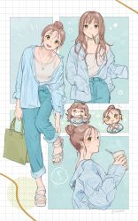 Rule 34 | !, 1girl, absurdres, adjusting clothes, aqua pants, bag, blue shirt, blush, breasts, brown hair, brushing teeth, chibi, chibi inset, closed mouth, collarbone, denim, drinking straw, earrings, feet, from side, green eyes, green nails, grey tank top, grid background, hair bun, handbag, head tilt, highres, holding, jeans, jewelry, long hair, looking at viewer, multiple views, nail polish, open clothes, open mouth, open shirt, original, pants, sandals, shirt, sidelocks, small breasts, spoken exclamation mark, standing, standing on one leg, tank top, toenail polish, toenails, toes, twitter username, un (un0044), white footwear