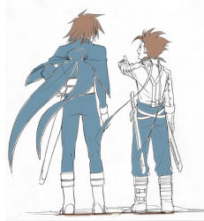 Rule 34 | 00s, age difference, brown hair, father and son, kratos aurion, lloyd irving, male focus, short hair, simple background, sio vanilla, tales of (series), tales of symphonia