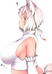 Rule 34 | 1girl, :o, ?, animal ears, bare shoulders, belly, blush, bouncing breasts, breasts, detached sleeves, fat, gradient hair, hat, highres, huge breasts, inubashiri momiji, multicolored hair, no bra, pink hair, plump, profile, purple eyes, sagging breasts, shishi juuroku, short hair, sideboob, sideways mouth, solo, tail, thick eyebrows, tokin hat, touhou, translated, turtleneck, white hair, wolf ears, wolf tail