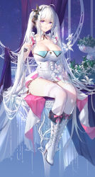 Rule 34 | 1girl, absurdres, boots, breasts, cleavage, closers, collarbone, detached collar, dress, flower, high heel boots, high heels, highres, knee boots, kneehighs, large breasts, levia (closers), long hair, original, pointy ears, purple eyes, sitting, smile, socks, solo, swd3e2, thighhighs, thighs, twintails, white dress, white footwear, white hair