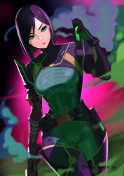 Rule 34 | 1girl, absurdres, animification, belt, bob cut, bodysuit, boots, breasts, cowboy shot, dutch angle, green bodysuit, green eyes, gun, hand up, highres, holding, holding gun, holding weapon, kagematsuri, light smile, lipstick, looking at viewer, makeup, medium breasts, medium hair, parted lips, purple hair, red lips, skin tight, smoke, solo, standing, thigh boots, thigh gap, thighhighs, valorant, viper (valorant), weapon