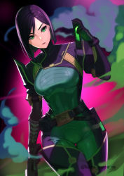 1girl absurdres animification belt bob_cut bodysuit boots breasts cowboy_shot dutch_angle green_bodysuit green_eyes gun hand_up highres holding holding_gun holding_weapon kagematsuri light_smile lipstick looking_at_viewer makeup medium_breasts medium_hair parted_lips purple_hair red_lips skin_tight smoke solo standing thigh_boots thigh_gap thighhighs valorant viper_(valorant) weapon