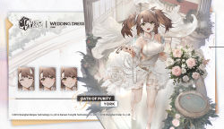 Rule 34 | 1girl, azur lane, blush, bouquet, breasts, brown hair, commentary, detached sleeves, dress, english commentary, flower, frills, green eyes, large breasts, long hair, looking at viewer, mkiiiiii, official alternate costume, official art, open mouth, solo, thighhighs, twintails, wedding dress, white dress, york (azur lane), york (oath of purity) (azur lane)