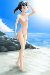 Rule 34 | beach, black hair, blue eyes, breasts, chairopen, glasses, highres, nipples, nude, pussy, short hair, small breasts, standing, uncensored, water, wet