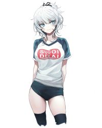 Rule 34 | 1girl, arms behind back, blue eyes, breasts, closed mouth, contrapposto, cowboy shot, cropped legs, highres, long hair, looking away, looking to the side, medium breasts, original, ponytail, shirt, short sleeves, silver hair, simple background, skindentation, smile, solo, sugoi dekai, white background, white shirt, yangie37