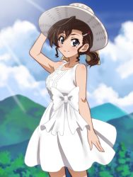 Rule 34 | 1girl, bare shoulders, blue eyes, bow, breasts, brown hair, day, dress, gegege no kitarou, hair ornament, hairclip, hand on headwear, hat, inuyama mana, onomekaman, outdoors, short ponytail, smile, sun hat, sundress, white bow, white dress