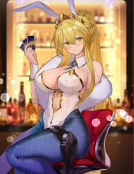 Rule 34 | 1girl, animal ears, artoria pendragon (all), artoria pendragon (fate), artoria pendragon (swimsuit ruler) (fate), bare shoulders, blonde hair, blue necktie, blue pantyhose, blush, braid, breasts, card, card holster, casino card table, clothing cutout, detached collar, fake animal ears, fate/grand order, fate (series), feather boa, fishnet pantyhose, fishnets, french braid, green eyes, highleg, highleg leotard, highres, holster, indoors, large breasts, leotard, long hair, looking at viewer, navel cutout, necktie, pantyhose, playboy bunny, playing card, poker chip, poker table, ponytail, rabbit ears, short necktie, sitting, table, thigh holster, tiara, ura illust, white leotard