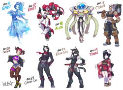 Rule 34 | 6+girls, alien, android, animal ear fluff, animal ears, bandaid, bandaid on arm, biker clothes, bikesuit, black hair, blue capelet, blue corset, blue eyes, blue hair, blue sclera, blue skirt, blunt bangs, blush stickers, bodysuit, boots, bra, breasts, broken horn, brown hair, capelet, cat ears, cat girl, cat tail, cleavage, cleavage cutout, closed eyes, closed mouth, clothing cutout, colored sclera, corset, crossed legs, cyclops, dark-skinned female, dark skin, dog ears, dog girl, dog tail, earrings, english text, fishnets, floral print, furry, furry female, galaxy, ghost, gloves, glowing, glowing eye, glowing eyes, glowing mouth, goat horns, goat legs, green eyes, halterneck, hammer, headgear, heart cutout, helmet, highres, hime cut, hooves, horns, humanoid robot, jacket, japanese clothes, jewelry, joints, kimono, kuji-in, large breasts, mask, mask on head, mechanical arms, mechanical legs, medium hair, monster girl, multiple girls, muscular, muscular female, ninja, noh mask, obi, one-eyed, one eye covered, open mouth, original, over shoulder, overalls, pilot suit, pointy ears, ponytail, power suit, red hair, ring, robot, robot joints, ryuusei (mark ii), salute, sash, satyr, scarf, see-through, short hair, short kimono, short shorts, short sword, shorts, simple background, single earring, skeleton, skirt, smile, snout, spacesuit, sports bra, star (symbol), sword, tail, thigh strap, thong, traditional youkai, training bra, two-finger salute, underboob, underwear, waving, weapon, weapon over shoulder, white background, wide sleeves, yukata
