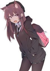 Rule 34 | 1girl, absurdres, animal ears, backpack, bag, black pantyhose, breasts, brown eyes, brown hair, contrapposto, cowboy shot, fang, hair ornament, hairclip, hands in pockets, hat, highres, hood, hooded jacket, hoodie, jacket, kazenoko, leaning forward, long hair, looking at viewer, necktie, open mouth, original, pantyhose, sidelocks, simple background, small breasts, solo, standing, white background