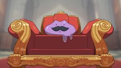 Rule 34 | . ., black eyes, blurry, blurry background, creatures (company), ditto, dripping, drunkoak, facial hair, game freak, gen 1 pokemon, highres, indoors, looking at viewer, mustache, nintendo, no humans, on chair, pokemon, pokemon (creature), slime (creature), straight-on, throne