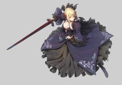 Rule 34 | 1girl, absurdres, artoria pendragon (fate), bara (totocos), black ribbon, blonde hair, braid, breasts, cleavage, dress, excalibur morgan (fate), fate/grand order, fate/stay night, fate (series), french braid, frilled skirt, frills, from above, grey background, highres, ribbon, saber (fate), saber alter, skirt, solo, wide sleeves, yellow eyes