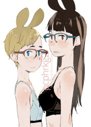 Rule 34 | 2017, 2girls, animal ears, asymmetrical docking, black bra, blonde hair, blue-framed eyewear, blue eyes, blunt bangs, bra, breast press, breasts, brown eyes, brown hair, closed mouth, comitia, dated, expressionless, extra ears, flat chest, glasses, grey bra, hara (pencilpen), height difference, highres, jitome, looking at viewer, multiple girls, nape, original, parted lips, rabbit ears, red-framed eyewear, short hair, simple background, small breasts, sports bra, standing, swept bangs, underwear, upper body, white background, white bra