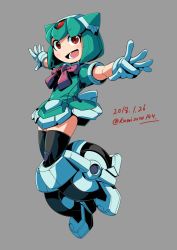Rule 34 | 1girl, android, artist name, dated, full body, green hair, grey background, humanoid robot, kamizono (spookyhouse), little helper (tflh), looking at viewer, mecha, open mouth, original, personification, red eyes, robot, short hair, simple background, skirt, smile, solo, transformers, twitter username, uniform, wheel