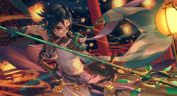 Rule 34 | 1boy, black hair, blue pants, bridge, brown eyes, closed mouth, fighting stance, forehead jewel, genshin impact, highres, holding, holding spear, holding weapon, lilithbloody, looking at viewer, male focus, pants, pelvic curtain, polearm, short hair, shoulder spikes, solo, spear, spikes, standing, weapon, xiao (genshin impact)