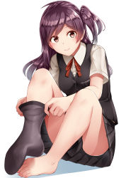 Rule 34 | 1girl, black skirt, black thighhighs, black vest, brown eyes, buttons, collared shirt, fingernails, hagikaze (kancolle), highres, kamelie, kantai collection, lips, long hair, neck ribbon, one side up, pleated skirt, purple hair, red ribbon, ribbon, shirt, short sleeves, simple background, single thighhigh, skirt, smile, solo, thighhighs, toenails, toes, vest, white background, white shirt