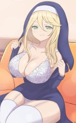 Rule 34 | 1girl, absurdres, bare shoulders, blonde hair, bra, breasts, cleavage, closed mouth, commentary, couch, covered navel, cowboy shot, dot nose, engage kiss, garter straps, green eyes, hair between eyes, highres, hood, hood up, indoors, lace, lace-trimmed bra, lace trim, large breasts, legs together, long hair, looking at viewer, nun, pantai jepi, panties, pantyshot, sharon holygrail, sitting, smile, solo, split mouth, thighhighs, thighs, underwear, undressing, white bra, white panties, white thighhighs