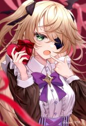 Rule 34 | 1girl, ajino (ajtm 7878), bat ornament, black ribbon, blonde hair, blush, bow, bowtie, box, breasts, buttons, dress, eyepatch, fischl (genshin impact), frills, genshin impact, gift, green eyes, hair over one eye, hair ribbon, happy valentine, heart, heart-shaped box, heart button, highres, long hair, long sleeves, looking at viewer, maid, medium breasts, open mouth, purple bow, purple bowtie, red ribbon, ribbon, solo, two side up, valentine