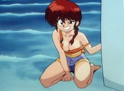 Rule 34 | 1990s (style), 1girl, animated, animated gif, bouncing breasts, breasts, cleavage, downblouse, gender request, genderswap, kneeling, large breasts, no bra, ocean, off shoulder, outdoors, ponytail, ranma-chan, ranma 1/2, red hair, retro artstyle, saotome ranma, screencap, shorts, solo, splashing, strap slip, surfboard, tank top, water, waves