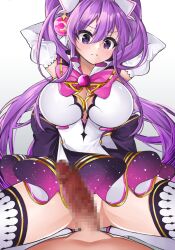 Rule 34 | 1boy, 1girl, aisha landar, arms behind head, back bow, blush, bow, breasts, brooch, censored, closed mouth, cowgirl position, dot nose, dress, elbow gloves, elsword, girl on top, glaring, gloves, gradient background, hair ornament, head tilt, hetero, imminent penetration, imminent vaginal, jewelry, large breasts, long hair, looking at viewer, magical girl, metamorphy (elsword), mosaic censoring, no panties, penis, pink bow, purple bow, purple eyes, purple hair, rape, short dress, simple background, spread legs, straddling, sula (s ra760), thighhighs, twintails, white background, white dress, white gloves