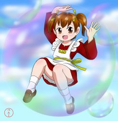 Rule 34 | 1girl, absurdres, blush, brown eyes, brown footwear, brown hair, bubble, cloud, dress, floating, hair ribbon, heart, highres, long hair, long sleeves, looking at viewer, marup, open mouth, red dress, ribbon, shoes, sky, smile, socks, twintails, white socks