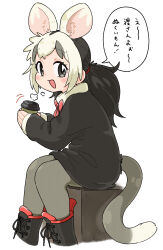 Rule 34 | 1girl, :d, absurdres, animal ear fluff, appleq, black footwear, black hair, black sweater, blush, boots, clothing cutout, coffee cup, commentary request, cropped legs, cross-laced footwear, cup, disposable cup, grey eyes, grey pantyhose, highres, holding, holding cup, kemono friends, lace-up boots, long sleeves, looking at viewer, multicolored hair, open mouth, pantyhose, possum ears, possum girl, possum tail, simple background, sleeves past wrists, smile, solo, sweater, tail, tail through clothes, translation request, two-tone hair, white-eared opossum (kemono friends), white background, white hair