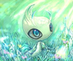 Rule 34 | antennae, aqua eyes, blurry, blurry background, celebi, colored skin, creatures (company), depth of field, dew drop, fairy wings, flower, game freak, gen 2 pokemon, grass, green skin, green theme, highres, legendary pokemon, looking up, mythical pokemon, neverland+, nintendo, no humans, parted lips, pointy hair, pokemon, solo, transparent wings, water drop, wings