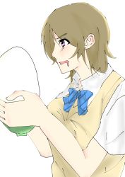 Rule 34 | 1girl, aqua bow, artist name, artist request, blue bow, blush, bow, bowl, bowtie, breasts, brown hair, close-up, collared shirt, dress, drooling, female focus, hair between eyes, highres, holding, holding bowl, koizumi hanayo, love live!, love live! school idol project, medium breasts, mouth drool, otonokizaka school uniform, parted lips, purple eyes, rice bowl, school uniform, shirt, short hair, short sleeves, smile, solo, striped, striped bow, sweater vest, upper body, vest, white background, white shirt, yellow vest