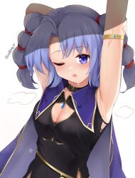 Rule 34 | 1girl, ;o, absurdres, ahoge, ameno sagiri (artist), arm up, armlet, armpits, asymmetrical bangs, black choker, black dress, breasts, cape, choker, cleavage, commentary request, crossed bangs, curtained hair, dot nose, dress, fire emblem, fire emblem: genealogy of the holy war, gold trim, highres, looking at viewer, medium breasts, multi-tied hair, nintendo, one eye closed, purple cape, purple eyes, purple hair, short hair, solo, sweat, tine (fire emblem), twintails, wet
